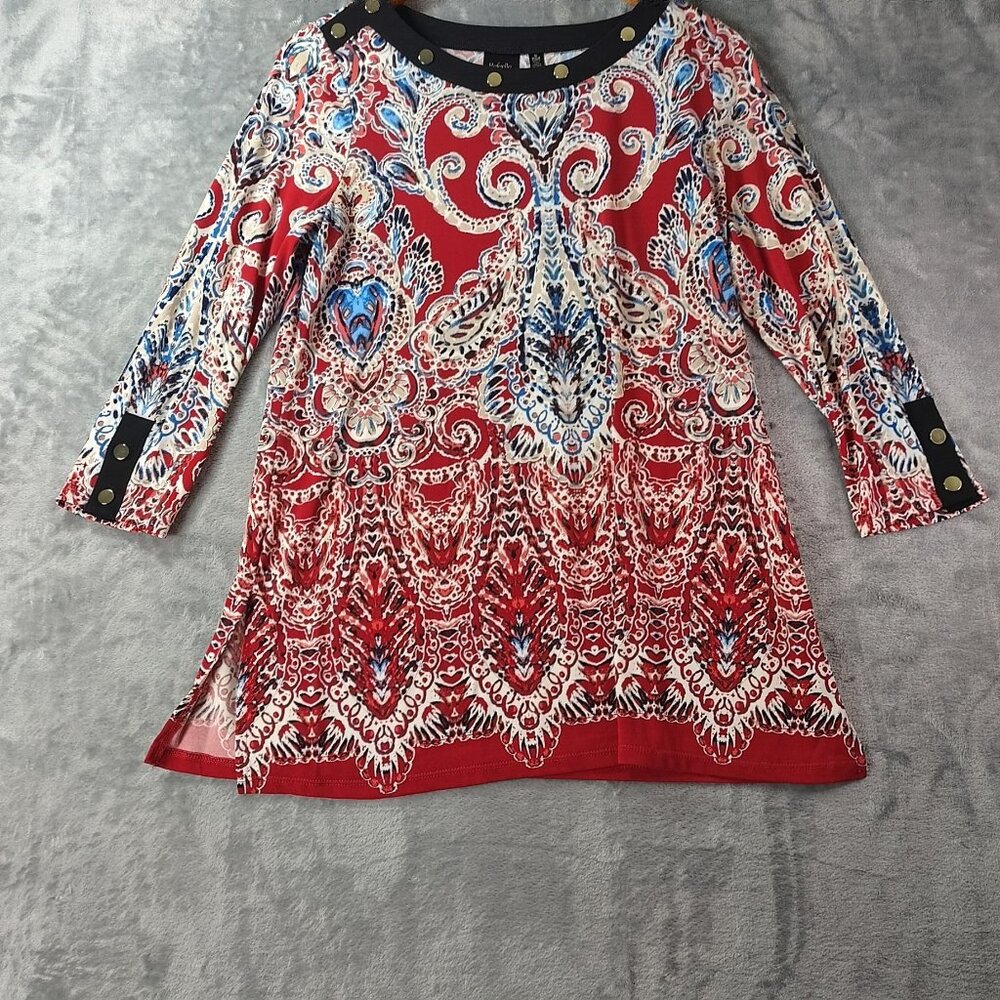 Rafaella Womens Tunic Top S Red‎ Paisley Grommet Button Trim Stretch Career